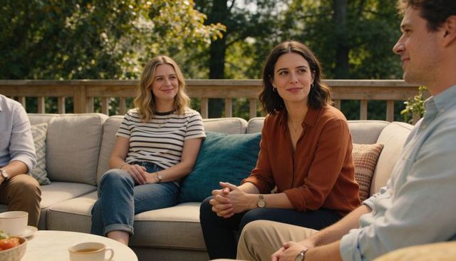 Friends chatting on backyard deck sofa featuring woman clasping hands wearing watch