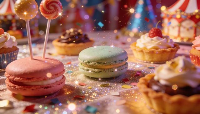 Pastel macarons and tarts glowing on glittering confetti-covered carnival dessert display