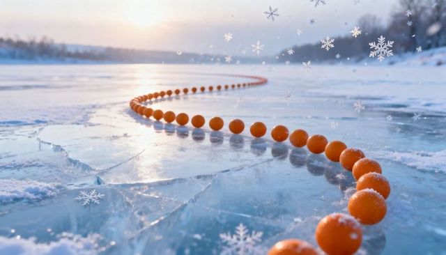 Curving line of glowing orange buoys crossing cracked reflective ice at winter sunrise