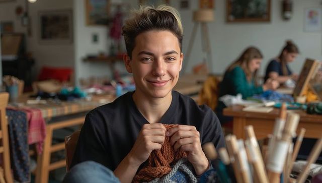 Young knitter smiling while knitting chunky yarn in busy craft workshop with paintbrushes