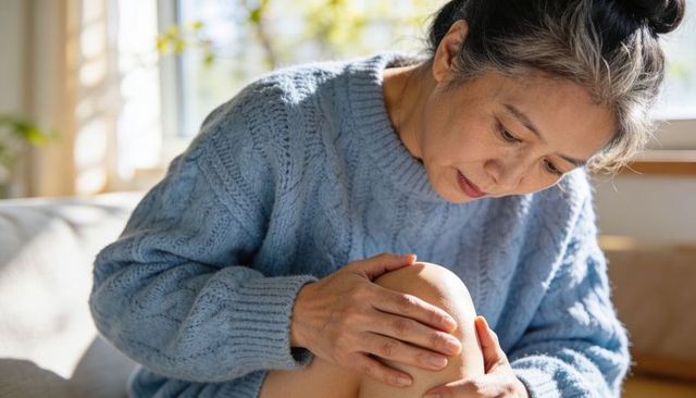 Senior woman examining knee pain while sitting on sofa in sunlit room wearing blue sweater