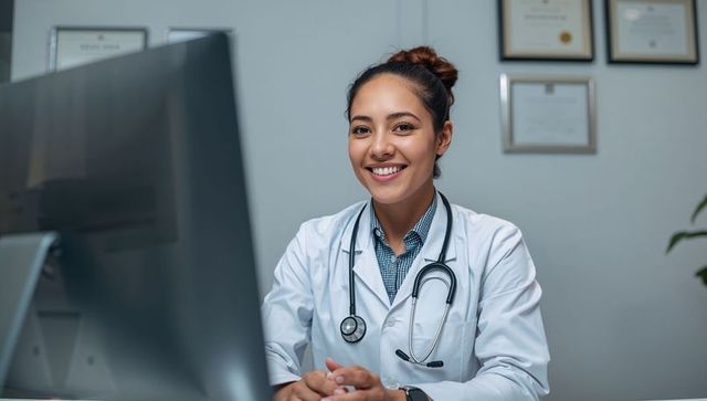 Smiling female physician consulting patient via telemedicine with stethoscope in clinic