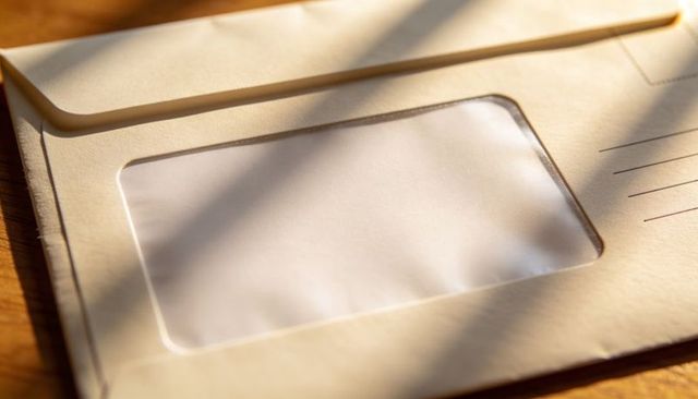 Blank window envelope resting on wooden desk with warm sunlight casting angled shadows