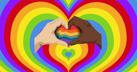 Diverse Hands Forming Heart on Rainbow Background for LGBTQ Pride