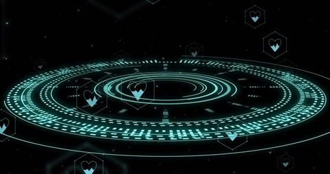 Holographic Cyber Rings Pulsing with Heart Icons and Digital Data Bands in Futuristic HUD