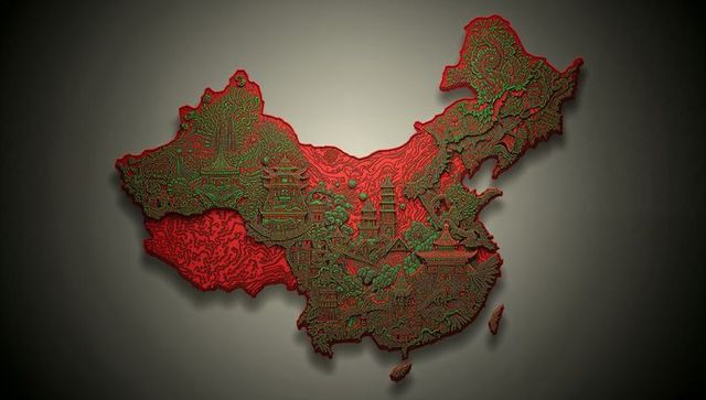 Artistic relief map of china with stylized cultural icons