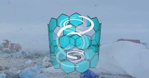 Futuristic Waste Management Illustration with Digital Hexagons
