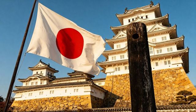 Billowing japanese flag waving beside historic white castle on sunlit stone foundation