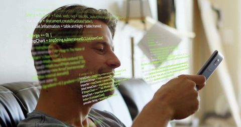 Man coding on smartphone at home with floating code snippets