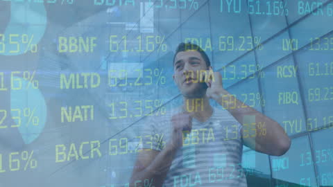 Man Analyzing Stock Market Trends on Smartphone Overlays Digital Data