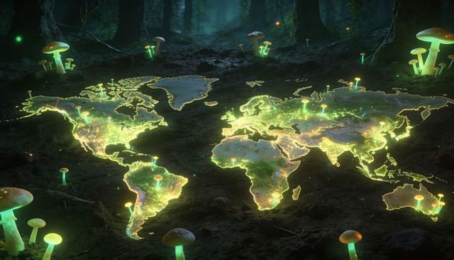 Bioluminescent world map glowing over forest floor with neon mushrooms and mystical glow