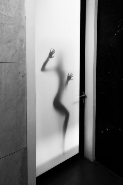 Abstract view of person standing behind frosted glass door, creating a mysterious and eerie shadow. Perfect for illustrating concepts of mystery, suspense, or artistic expressions of privacy and anonymity in creative projects.