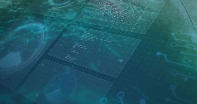 Futuristic digital panels with holographic displays and network diagrams