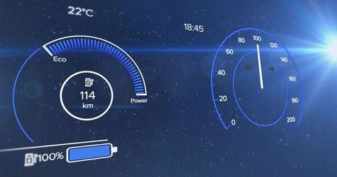 Futuristic neon blue vehicle hud display showing speedometer range 114 km 100% battery
