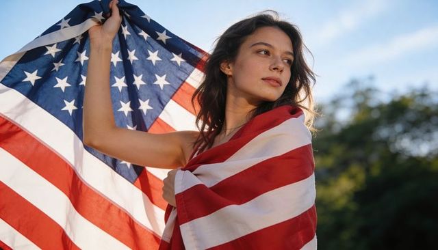 Young woman draping american flag and gazing into distance at golden hour