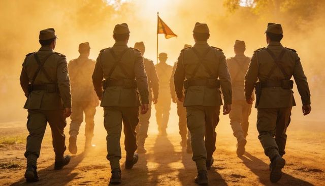 Historic military troops marching at golden hour with unit banner and dusty trail
