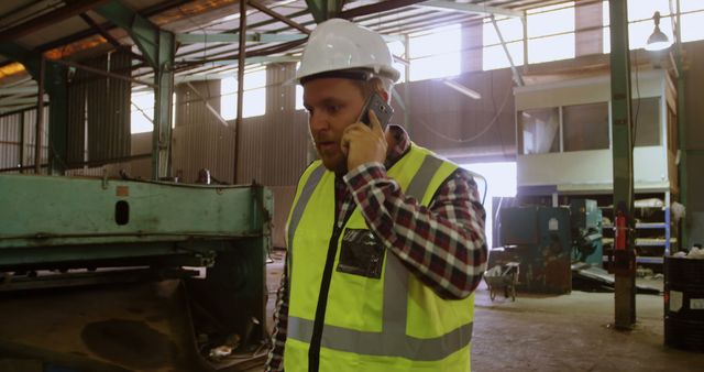 Engineer in Industrial Factory Discusses Work on Phone - Download Free Stock Images Pikwizard.com