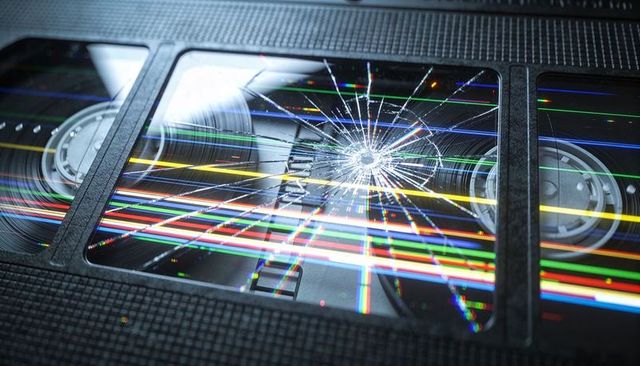 Vhs cassette showing shattered window with rainbow light streaks and exposed tape spools