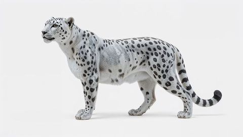 Realistic snow leopard facing left in minimalist studio background