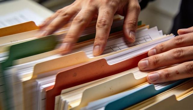 Hands sorting color-coded hanging folders for fast document retrieval in office workflow