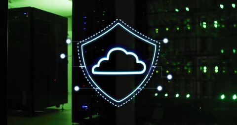 Neon Shield with Cloud Icon Protecting Data Center Servers and Network Infrastructure