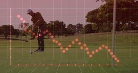 Golfer analyzing putting technique with data visualization