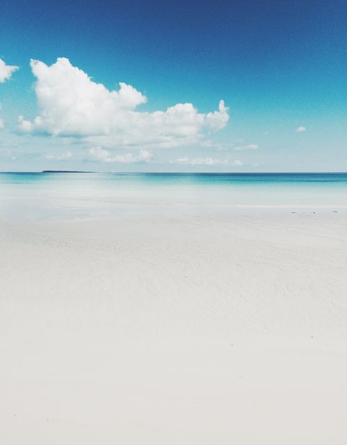 This photo of an idyllic tropical beach with a clear blue sky and calm ocean is perfect for use in travel marketing, vacation advertisements, and inspirational posters. It conveys a sense of peace, relaxation, and natural beauty, ideal for blogs, websites, and brochures focused on seaside holiday destinations.