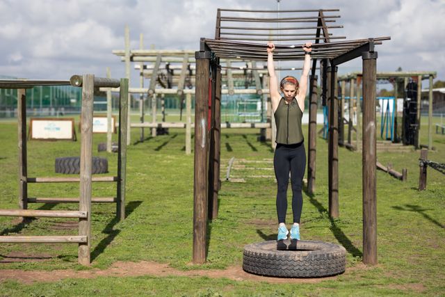 Front view of a Caucasian woman hanging from monkey bars at an outdoor gym during a bootcamp training session, with other outdoor gym equipment in the background