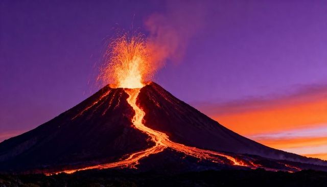 Dramatic volcano erupting at dusk with flowing lava rivers and fiery ash plume