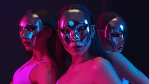 Futuristic Dance Performance with Neon and Chrome Masks