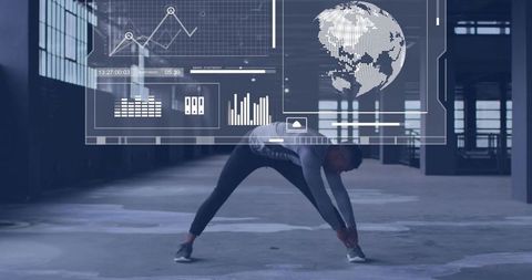 Athlete stretching with fitness hud overlay in industrial studio for mobility training