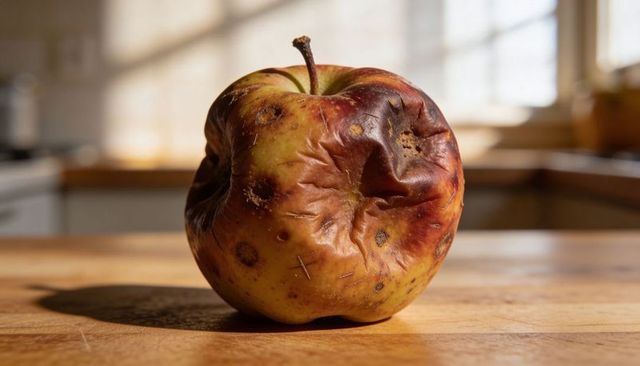 Bruised wrinkled apple catching warm window light on wooden countertop