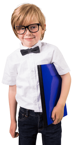 Happy schoolboy in glasses holding laptop on transparent background