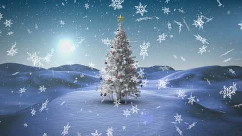 Snowflakes Falling on Lone Christmas Tree Amid Snowy Landscape