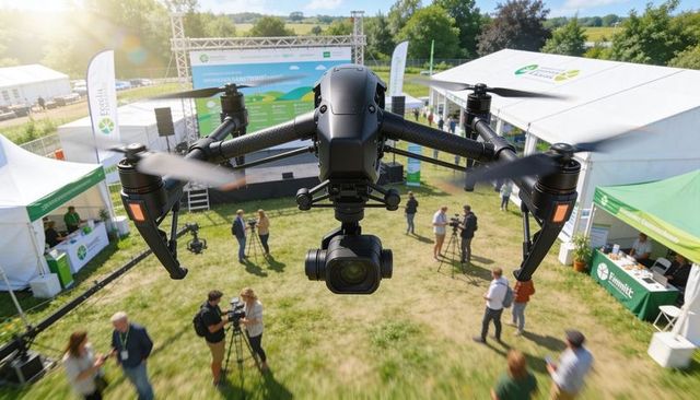 Hovering professional camera drone capturing aerial footage at outdoor trade expo