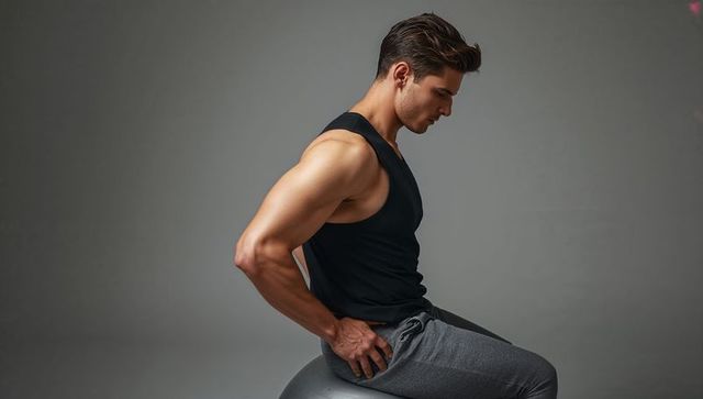 Fit man sitting on stability ball flexing core muscles, side profile fitness portrait