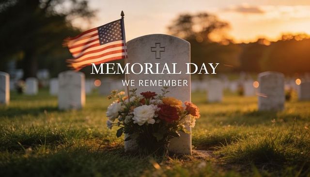 Remembering fallen heroes memorial day headstone with american flag and flowers at sunset