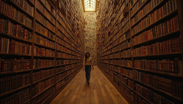 Solitary woman walking through towering historic library aisle under warm skylight