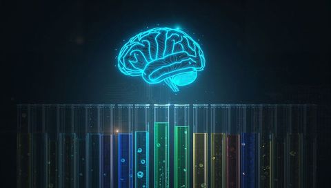 Neon holographic brain hovering above colorful test tubes futuristic ai concept