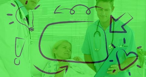 Healthcare Team Reviewing Patient Chart in Hospital with Blinds