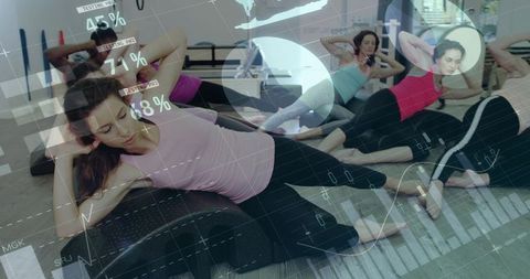 Performing side-lying core workout on foam arcs with digital fitness hud overlay