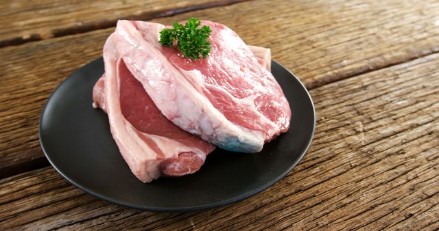 Raw Pork Chops with Parsley on Black Plate - Download Free Stock Images Pikwizard.com