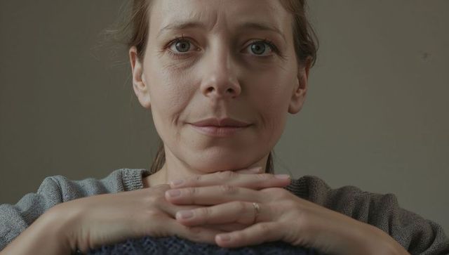 Calm middle-aged woman resting chin on folded hands wearing gray sweater and gold ring