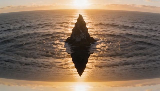 Triangular sea stack reflecting diamond silhouette over ocean at sunset