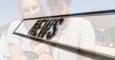 Happy Couple Enjoying Beach with News Overlay Design