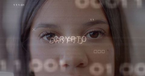 Closeup futuristic portrait featuring crypto glitch overlay and binary glyphs