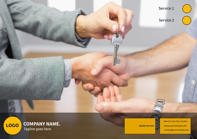 Image shows two professionals sharing a confident handshake as a symbolic gesture while handing over a key, representing successful business deals, trust, real estate transactions, sales closings, and professional partnerships. Applicable for use in business presentations, marketing materials, advertisements, and websites that focus on business relations, corporate success, property transactions, and trust-building.