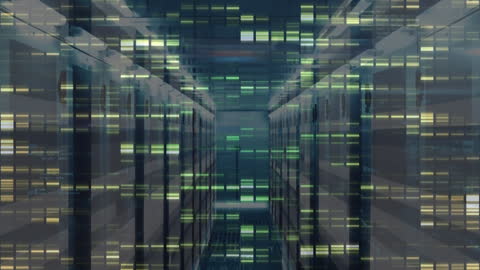 Futuristic Data Center with Light Trails and Digital Mosaic Patterns