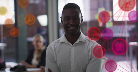 Smiling businessman folding arms in office with digital network overlay for collaboration