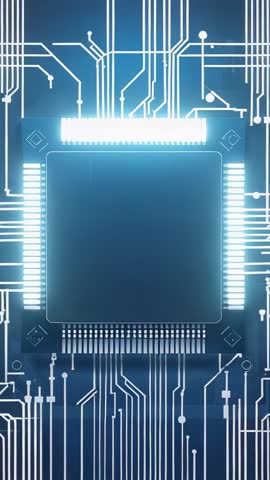 Vertical video: CPU chip receiving signal, lighting pins and pulsing conductive traces